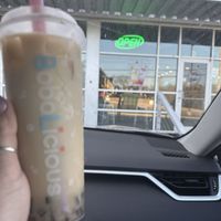 Green tea with oat milk and coffee jelliess  at Bobalicious in North Little Rock
