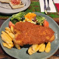 Eggplant parma with chips & salad 🍆 🥗 🍟 at Berry Springs Tavern in Berry Springs