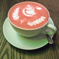 Beetroot latte with oat milk at Briós in Budapest