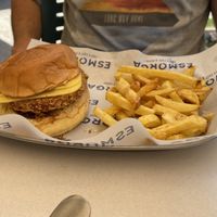 “Chicken” Burger with very good fries  at Esmorga in Pontevedra