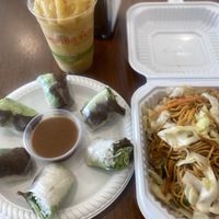Mango Smoothie, Spring Rolls, and Tofo Chow Mein 😛  at Loving Hut Glendora in Glendora