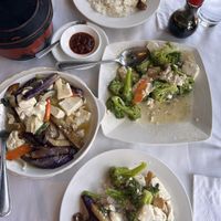Eggplant tofu & Stir-fried broccoli, mixed mushrooms, and minced garlic (+tofu)  at Silver Spoon Gourmet Cuisine in Castro Valley
