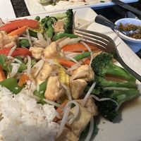 Yummy vegetable stir fry with tofu. I put the spice on the side. If you like fiery spiciness this would be a nice one. They grow their peppers etc    at The Tropical Bar and Restaurant in Tulsa