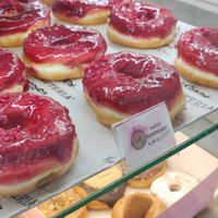 Sweet rasperry vegan donuts at La Donuteria in Paris