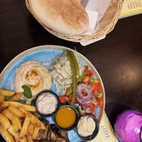 Sabich Plate: Eggplant, potatoes, veggies, salad, Hommus, pita bread   at Laffa in Amsterdam
