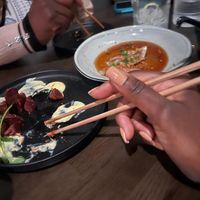 Beet appetizer and impossible dumplings   at Nori in Austin