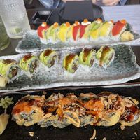 Rainbow roll, dragon roll, volcano roll  at Nori in Austin