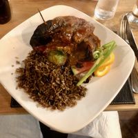 Vegan chunks with cabbage in delicious spicy sauce (tastes better than it looks!)  at Kool Runnings Jamaican Restaurant in Inverness