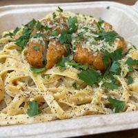 Crispy Chicken Fettuccine Alfredo. at Fair Game in Austin