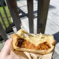 'mince' and cheese pie filling. at Rollers Bakery in Auckland