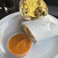 Vegan breakfast burrito with bynd sausage. There is an option for soyrizo too    at Jug Band Coffee and Tea in Long Beach