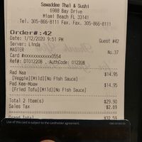 Even the receipt specified no fish sauce  at Sawadee Thai in Miami Beach