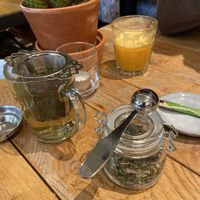 Tea from their own garden (quite bland) and fresh orange juice (nice) at Volkshuis Deventer in Deventer