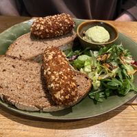 Oesterzwamkroketten on sourdough bread with a herbal creme: tasty  at Volkshuis Deventer in Deventer