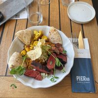 Steak by Planted, cauliflower, pita bread, lental stew. Little odd mix but filling food, around 29€  at Pier69 Hafenrestaurant in Bregenz