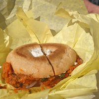 Gluten free lox bagel sandwich at Ben & Esther's Vegan Jewish Deli in Oceanside