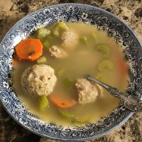 Matzo ball soup at Ben & Esther's Vegan Jewish Deli in Oceanside