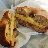 Egg + cheese on jalapeño bagel 🤤 at Ben & Esther's Vegan Jewish Deli in Oceanside