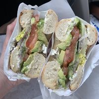 Veggie sandwich on everything bagel with jalapeño schmear  at Ben & Esther's Vegan Jewish Deli in Oceanside