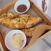 Oregano bread with olive and garlic paste at Mama Sofia in Rhodes