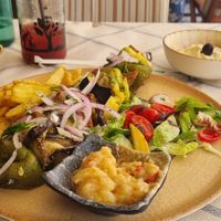 Souvlaki and hummus at Mama Sofia in Rhodes