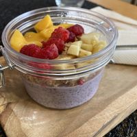 Blueberry chia pudding with fresh fruit. Delicious  at Half Arroba - Mercearia dos sentidos in Viseu