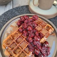 Waffles with hot cherries and Nougat cream at Joujou Bistro in Bad Duerkheim