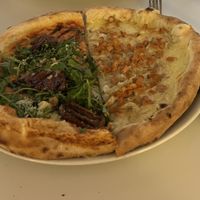 Our two pizzas, ordered separately but we divided in half so we could share, the vegan pomodoro and the vegan campagnarde  at Lou in Lille
