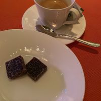 Black currant Prosecco gelees (complimentary dessert) with espresso at Wynn Hotel - Sinatra in Las Vegas