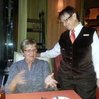 Nancy explaining just what Vegan cuisine should be. at Wynn Hotel - Sinatra in Las Vegas