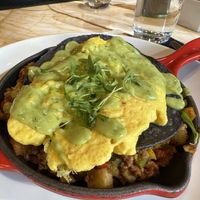 Huevos rancheros w/ Just Egg, chorizo, potatoes, avocado salsa & tostada. ALL vegan  at Wynn Hotel - Terrace Pointe Cafe in Las Vegas