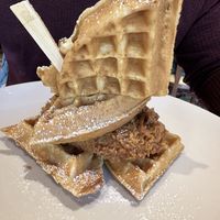 Chx & Waffle with side of syrup/spicy syrup  at Wynn Hotel - Terrace Pointe Cafe in Las Vegas