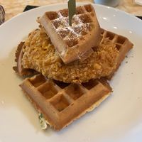 Chicken and waffles with vegan butter. Side of Gardein breakfast sausages!  at Wynn Hotel - Terrace Pointe Cafe in Las Vegas