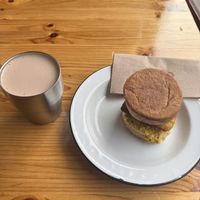 Hot chocolate and breakfast muffin   at Rons Coffee House in South East London