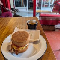 Breakfast muffin and cortado at Rons Coffee House in South East London