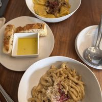 (Top down) Fazzoletti e Funghi, House Baked Focaccia, Sunflower Seed Cacio e Pepe Spaccatelle  at Foglia in Bristol