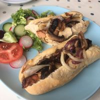 Vegan Sausages, Mushrooms and Onions  at New Orchard Cafe in Poole
