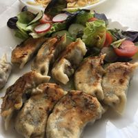 Vegan dumplings and vegan chow mein at New Orchard Cafe in Poole