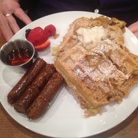 Waffles with a side of Sausage. (All 'meat' is vegan and made in house!!) at The Clever Rabbit in Edmonton