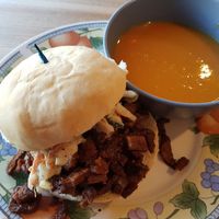 Carrot & Ginger soup with the Pulled Pork sandwich  at The Clever Rabbit in Edmonton