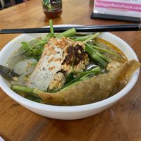 Noodle soup with spring rolls  at Khanh Ly Vegetarian Food in Phu Quoc