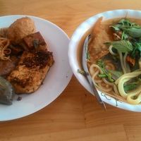 Hue style rice noodles (with fried dumplings, veg-ham/beef) and a plate with selected dishes, they have other options available at Khanh Ly Vegetarian Food in Phu Quoc