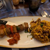 Beyond meat skewer, kidney beans  / corn / wheat grains at Disneyland - Silver Spur in Chessy