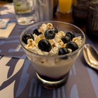 Silken tofu, red berries purée, blueberries and pop corn at Disneyland - Silver Spur in Chessy