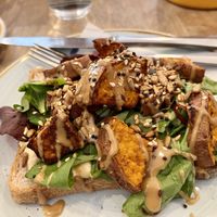 Sweet potato and tahini open sandwich   at Fussey & Baer in Hitchin