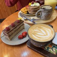 Vegan opera & vegan cappuccino - the pancakes at the other side ar vegetarian, not vegan.   at Indie Café and Concept Store in Cusco