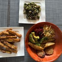 Yummy 😋 lunch: quinoa bowl, zucchini fries and okras  at Vibrations Kitchen in Serrekunda