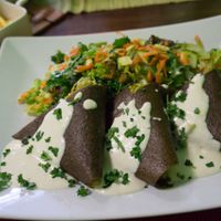 Raw Samosa with zucchini, gold flax seeds, curcuma, dried tomatoes and spinach
 at BEMBA rawfood & plant-based in Bratislava