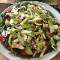 Raw vegan pizza with lots of veggie (best I have ever had) and raw vegan bananas with filling at BEMBA rawfood & plant-based in Bratislava