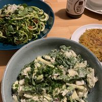 ‘Egg’ salad, potato cake and zuchini spaghetti at BEMBA rawfood & plant-based in Bratislava